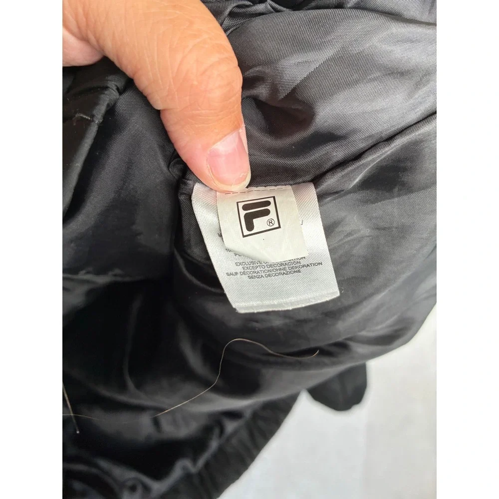 FILA Mens Black White Colorblock Puffer Jacket Full Zip Logo Tape Quilted Small